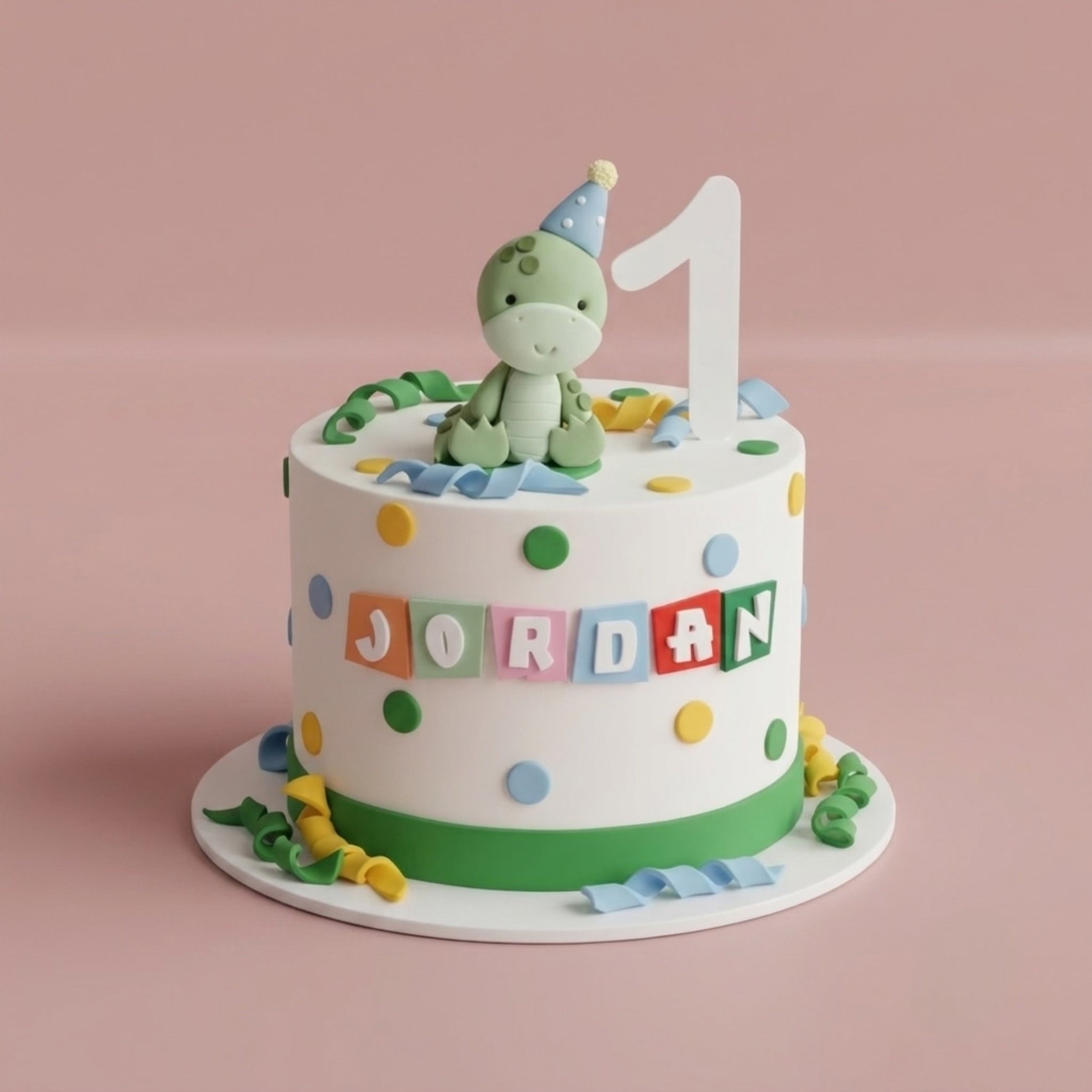 Baby Dinosaur Themed Cake - party-hat dino name blocks and number topper Brisbane