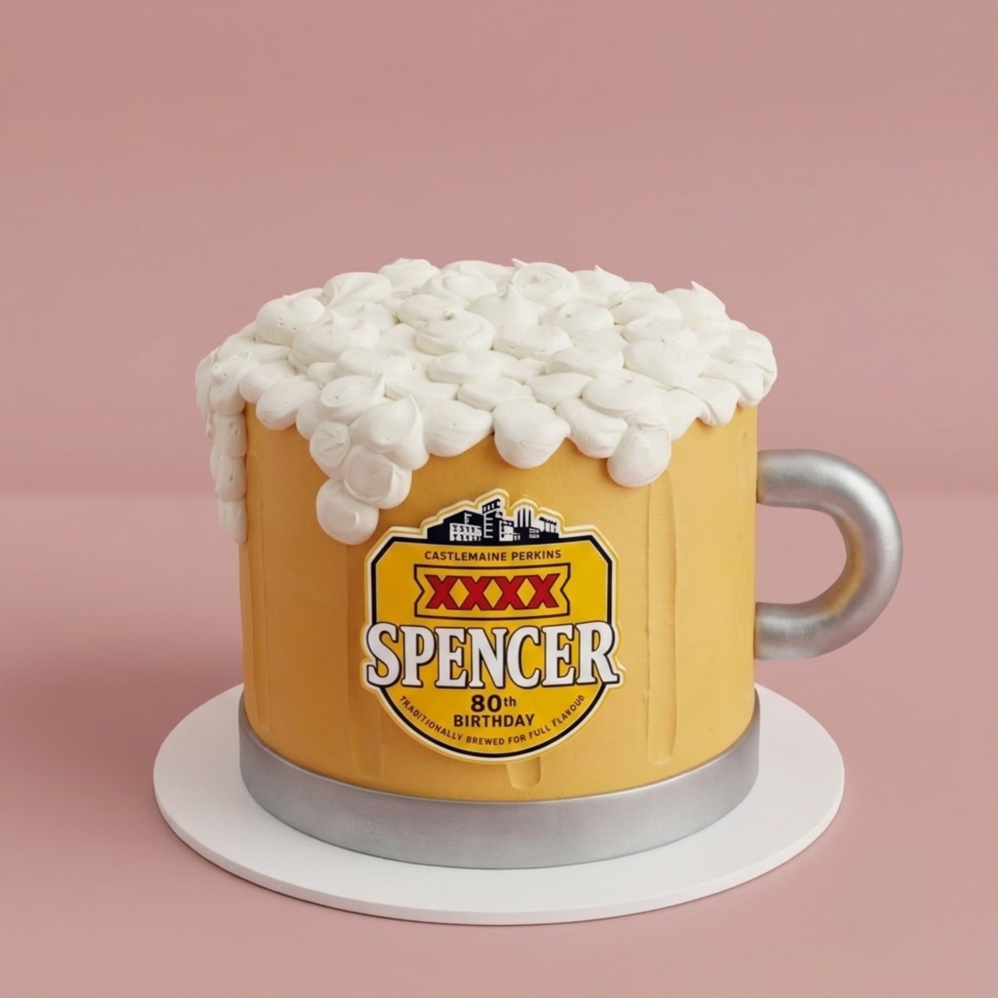 XXXX Beer Mug Themed Cake - sculpted mug with frothy buttercream top and personalised label Brisbane