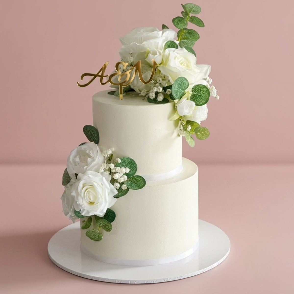 Wedding Cake | Classic White Rose | 2 Tiers - white roses eucalyptus two tier Brisbane