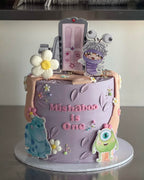 Monsters Inc Themed Novelty Cake - Sulley Mike and Boo on lavender buttercream with fondant daisies Brisbane
