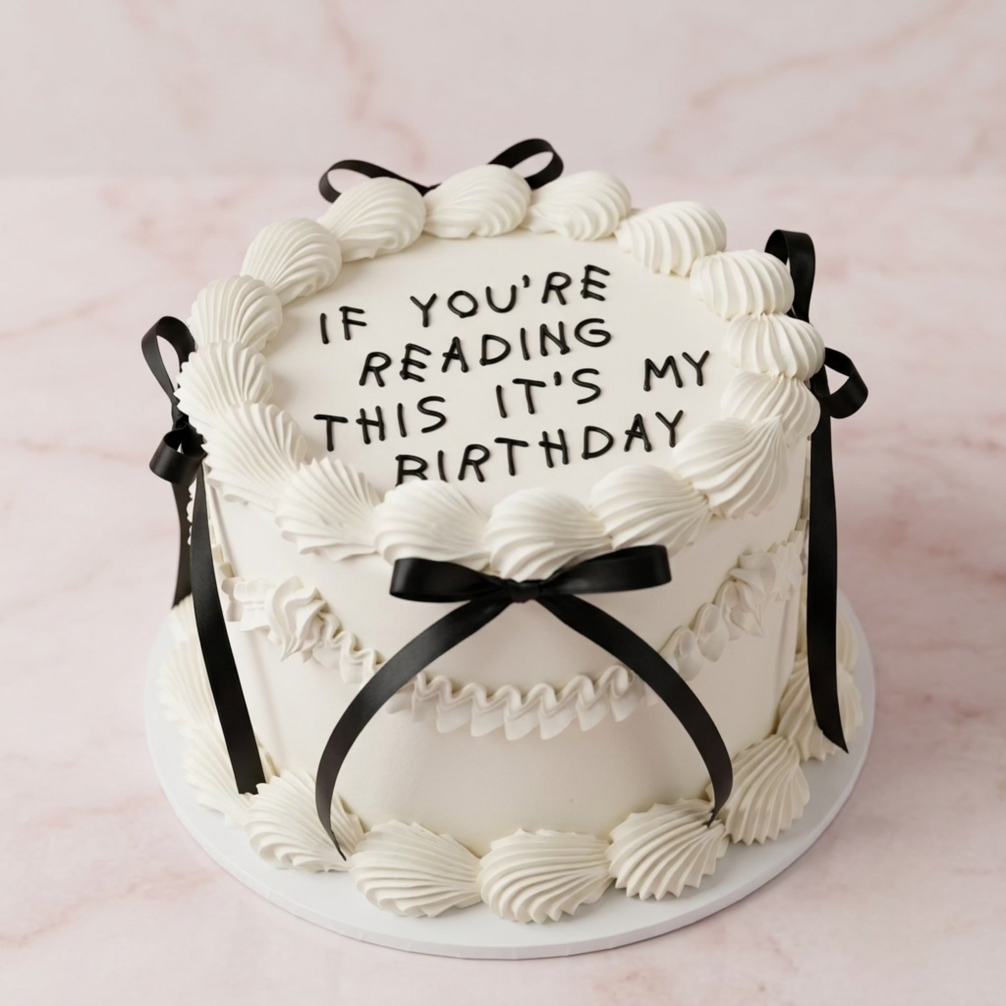 Vintage Round Cake Black Bow - Lambeth piping satin bows and piped message Brisbane