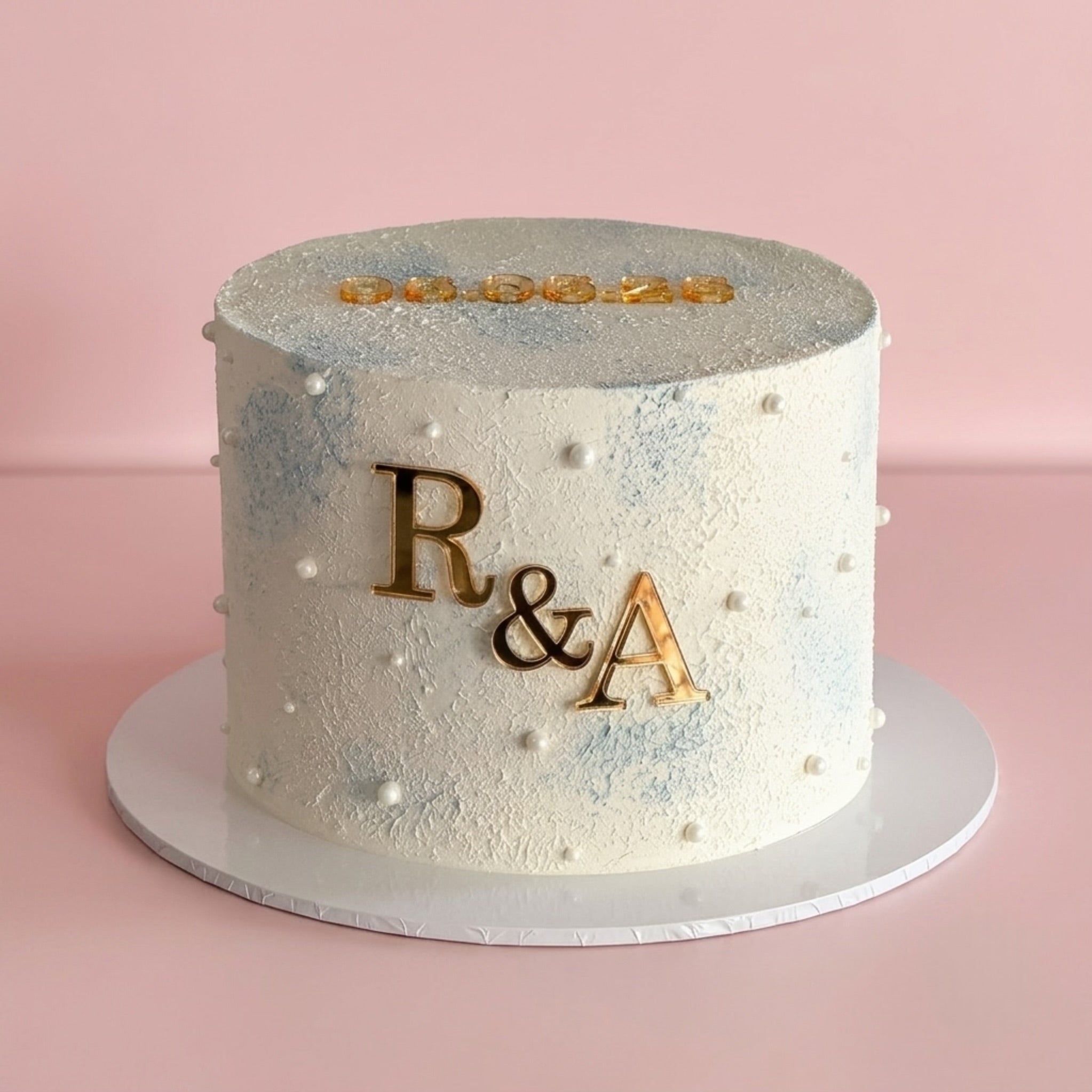 Minimal Cake | Textured Pearl - textured buttercream pearls acrylic initials Brisbane