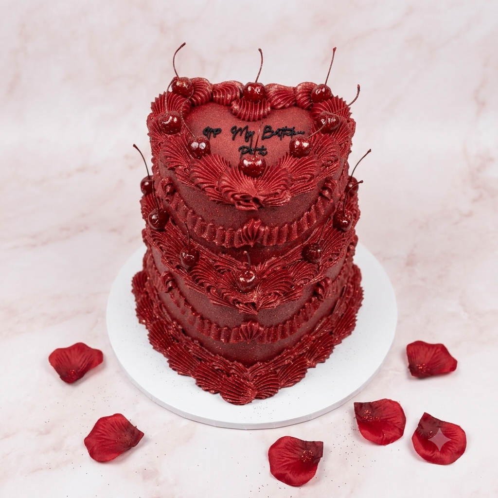 La Vie en Rouge 2 Tier Vintage Heart Cake - lambeth piping rosettes cherries Brisbane