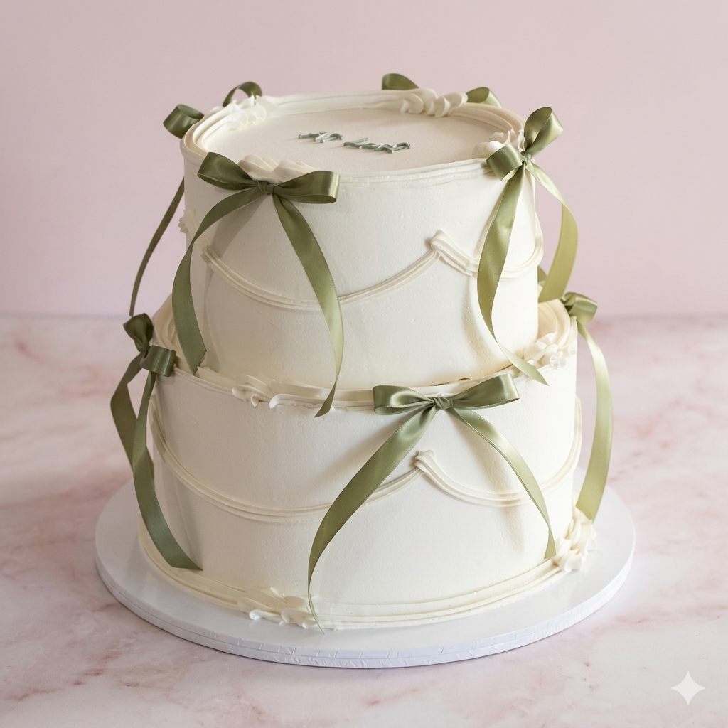 Sage Ribbon and Pearl Coquette 2 Tier Vintage Round Cake - ribbon swags pearls coquette Brisbane