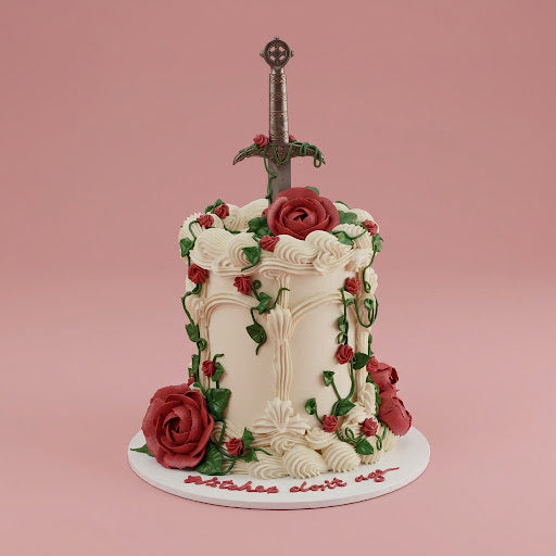 Vintage Round Cake Rose & Dagger - piped roses vines and sword topper Brisbane