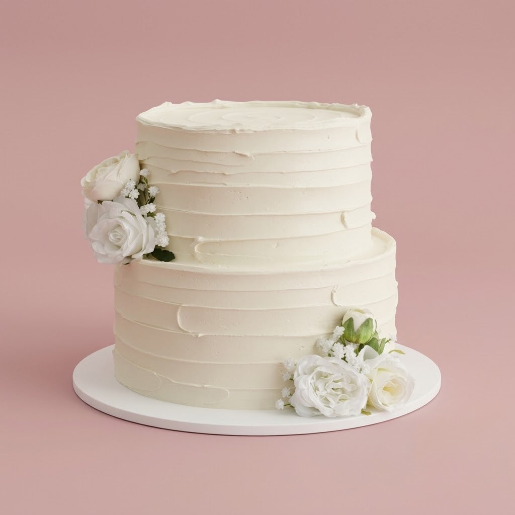 Wedding Cake Textured Ivory Rose 2 Tiers - textured buttercream with roses Brisbane