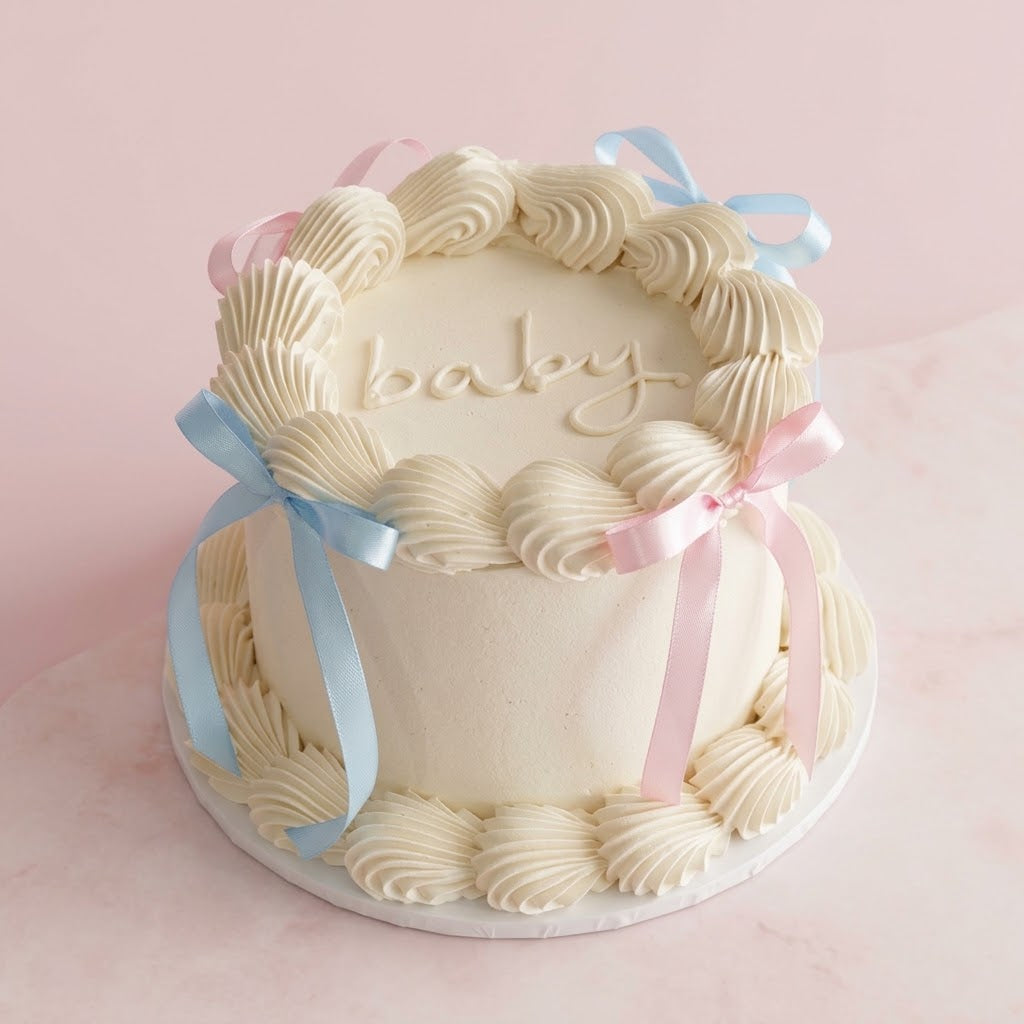 Vintage Round Cake Oh Baby Bows - baby lettering and satin ribbon bows Brisbane