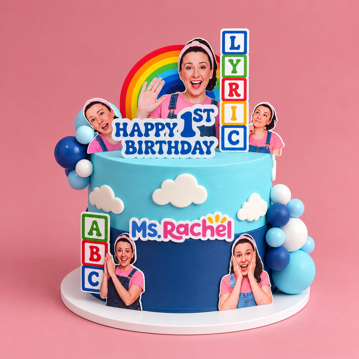 Ms Rachel ABC Rainbow Themed Cake - ABC blocks rainbow and balloons Brisbane