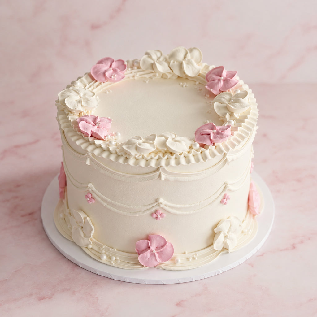 Vintage Round Cake Christening Blossom - piped cross blossoms and pearls Brisbane