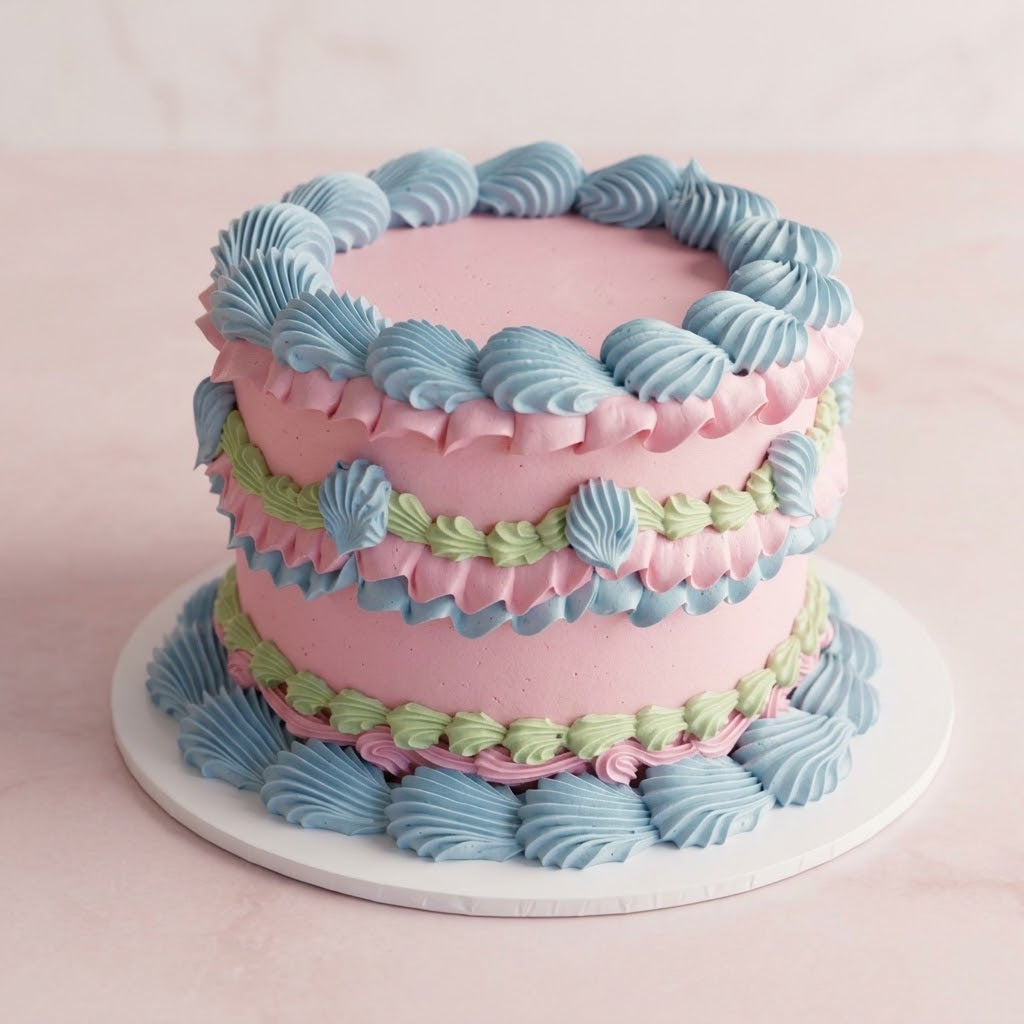 Vintage Round Cake Sugared Almond 3-Tone - three-tone piped shells and ruffles Brisbane