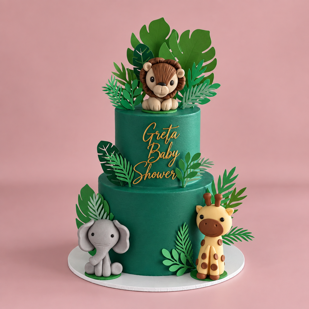 Jungle Safari Animals 2 Tier Themed Novelty Cake - fondant lion elephant giraffe tropical leaves Brisbane