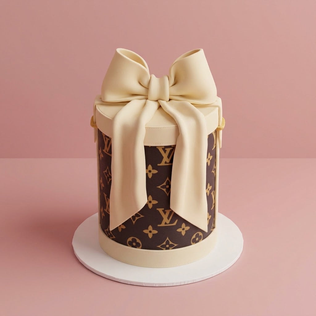 LV Monogram Hatbox Bow Themed Cake - monogram hatbox with sculpted bow Brisbane