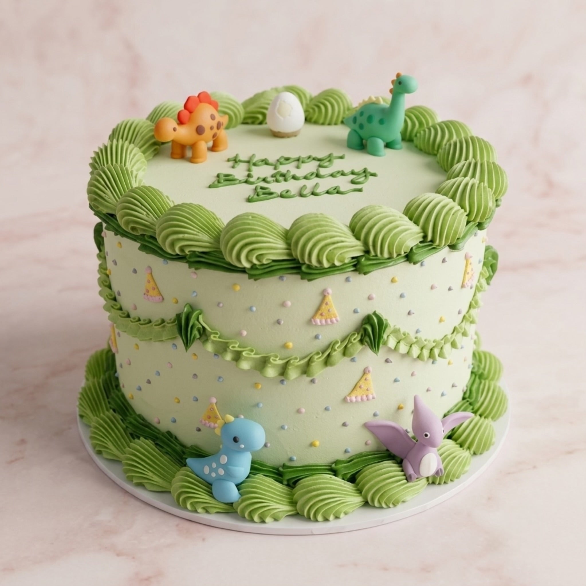 Dinosaur Party Themed Cake - piped grass pastel dino friends and hatching egg Brisbane