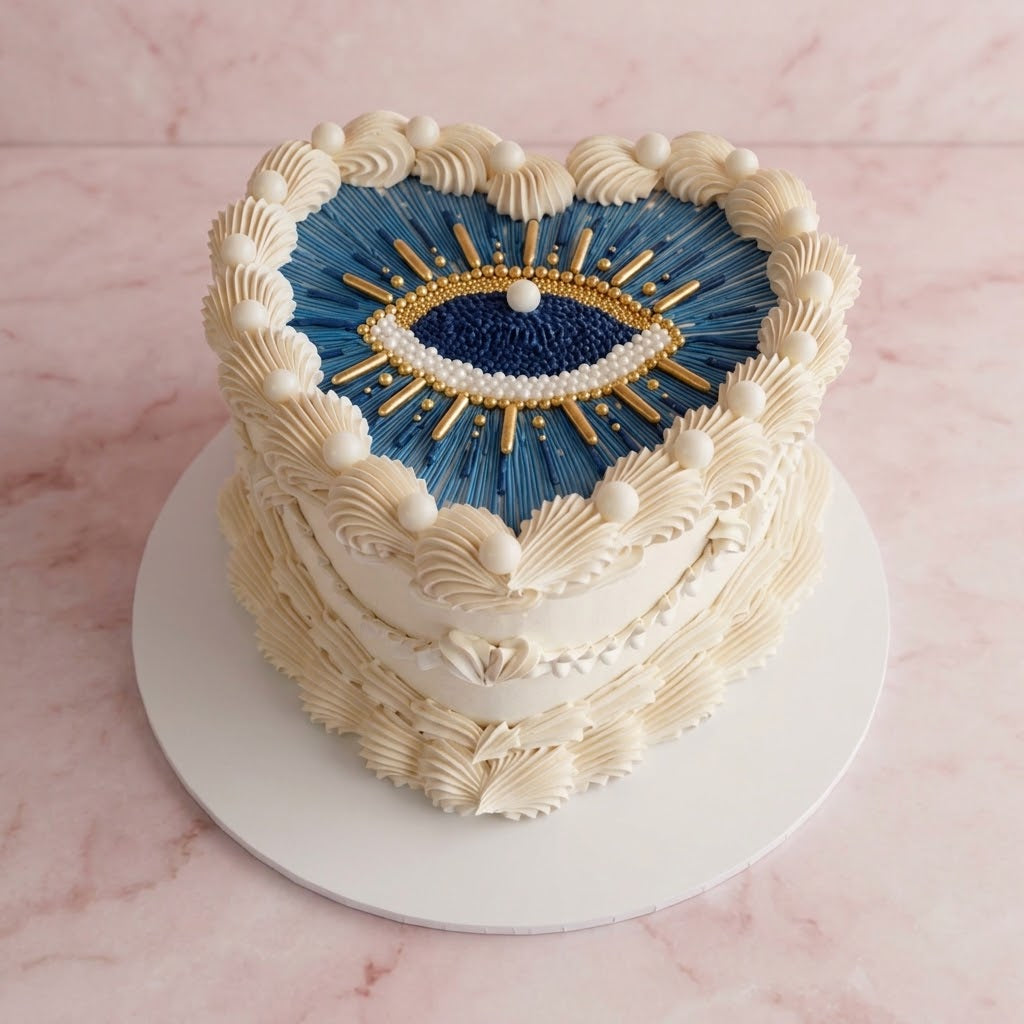 Vintage Heart Cake Evil Eye - evil eye design with pearl shell borders Brisbane