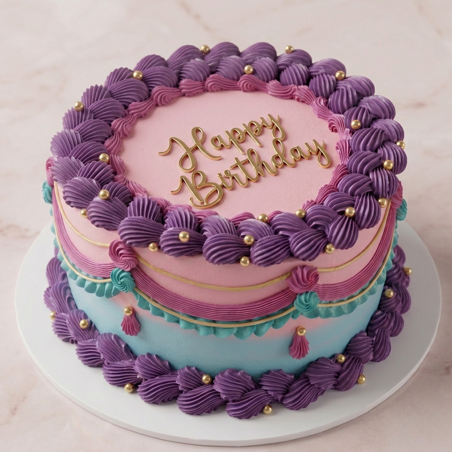 Vintage Round Cake Purple Glam - lavender shell piping with teal accents and gold pearls Brisbane