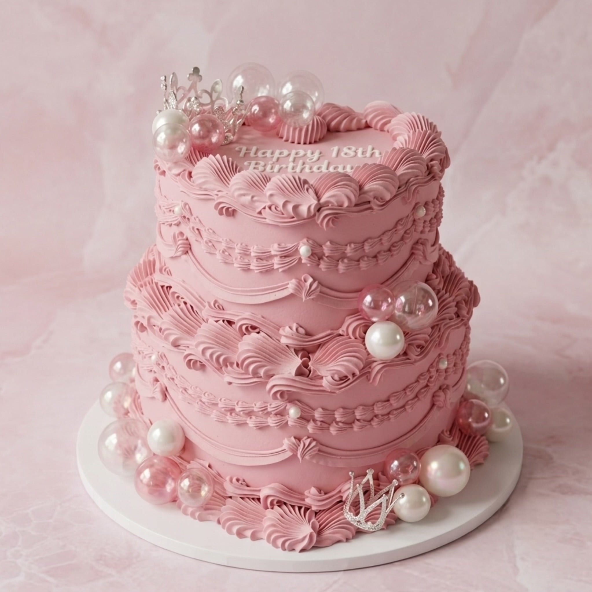 Vintage Round Cake | Pink Pearl Coquette | 2 Tiers - pink lambeth pearls tiara Brisbane