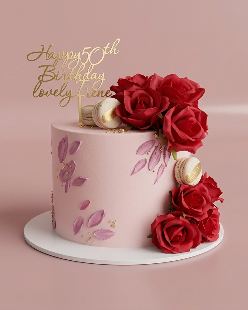 Red Rose Cascade Textured Smear Cake - blush cake with cascading red roses and painted florals Brisbane