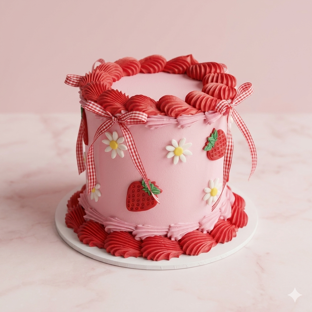 Vintage Round Cake Strawberry Fields and Gingham - hand-piped strawberries daisies gingham bows Brisbane
