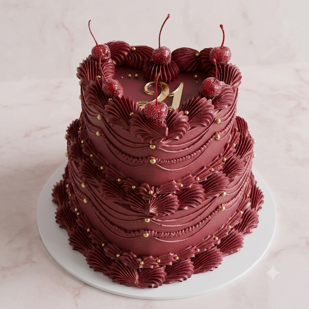 Gilded Bordeaux 2 Tier Vintage Heart Cake - lambeth piping cherries gilded detail Brisbane