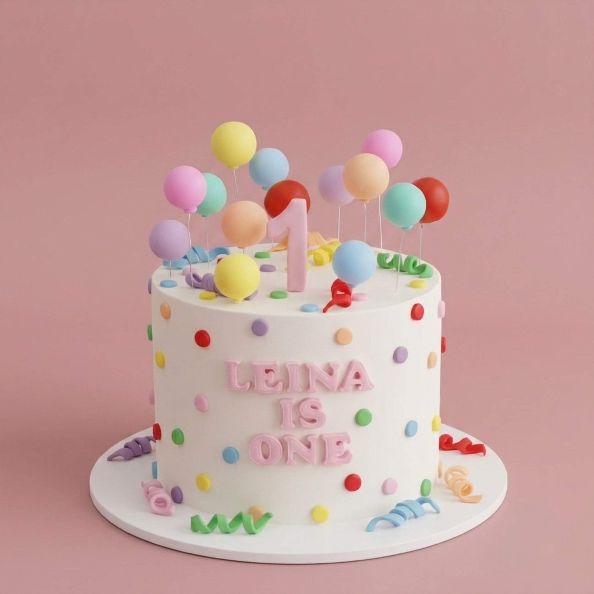 1st Birthday Balloons Themed Cake - fondant balloons confetti and name topper Brisbane