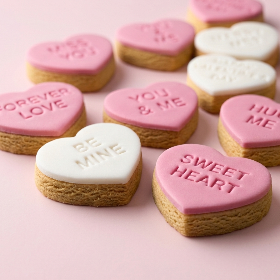 Conversation Heart Fondant Sugar Cookies - pink and white love-note hearts Brisbane