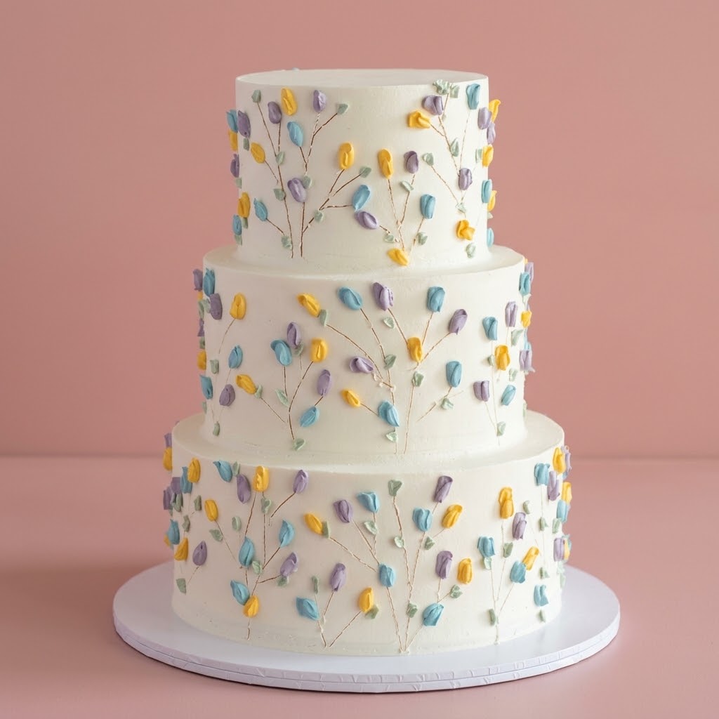 Wedding Cake Tulip Meadow 3 Tiers - hand-piped tulip buds on three tiers Brisbane