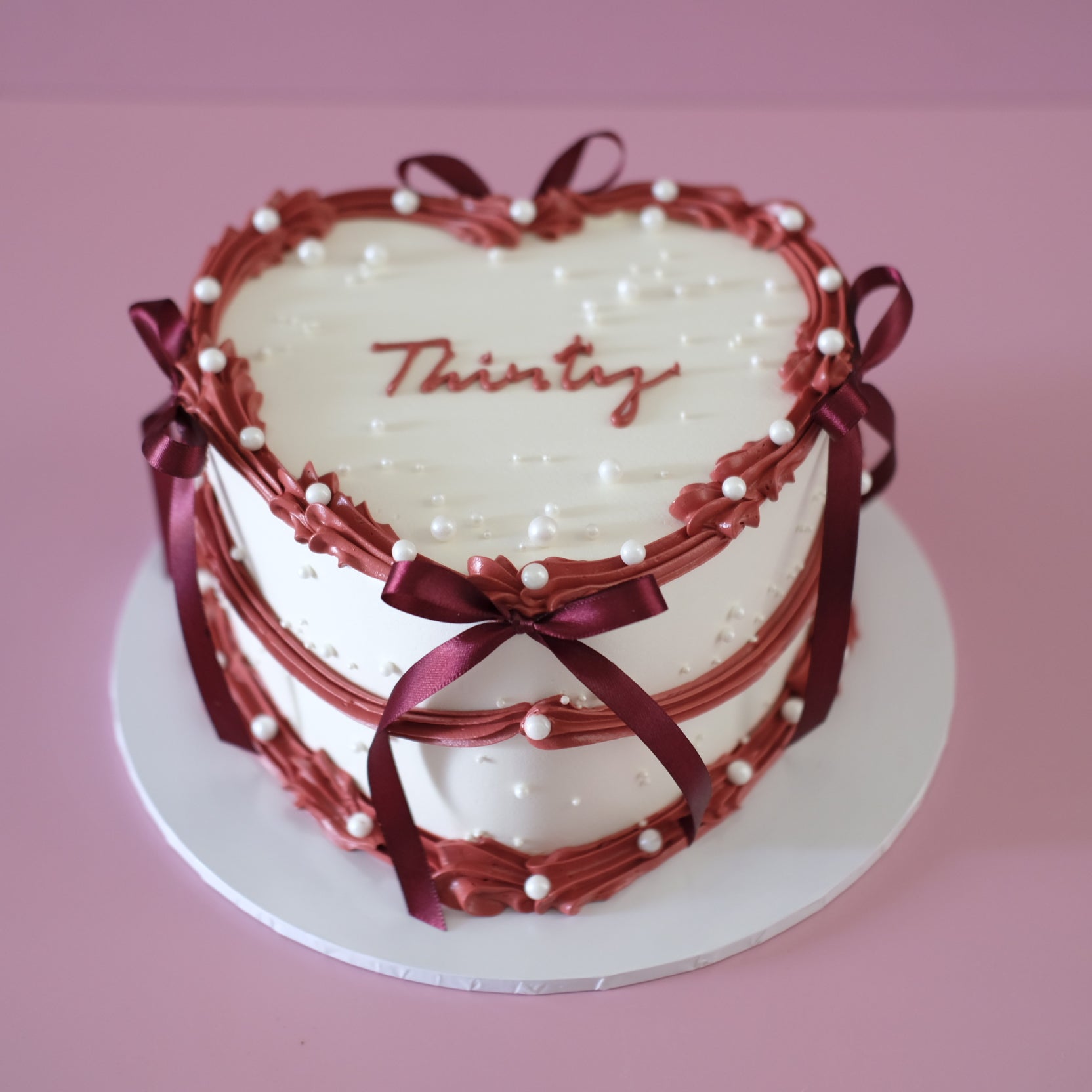 Vintage Heart Cake Merlot Coquette - pearls satin bows and burgundy piping Brisbane