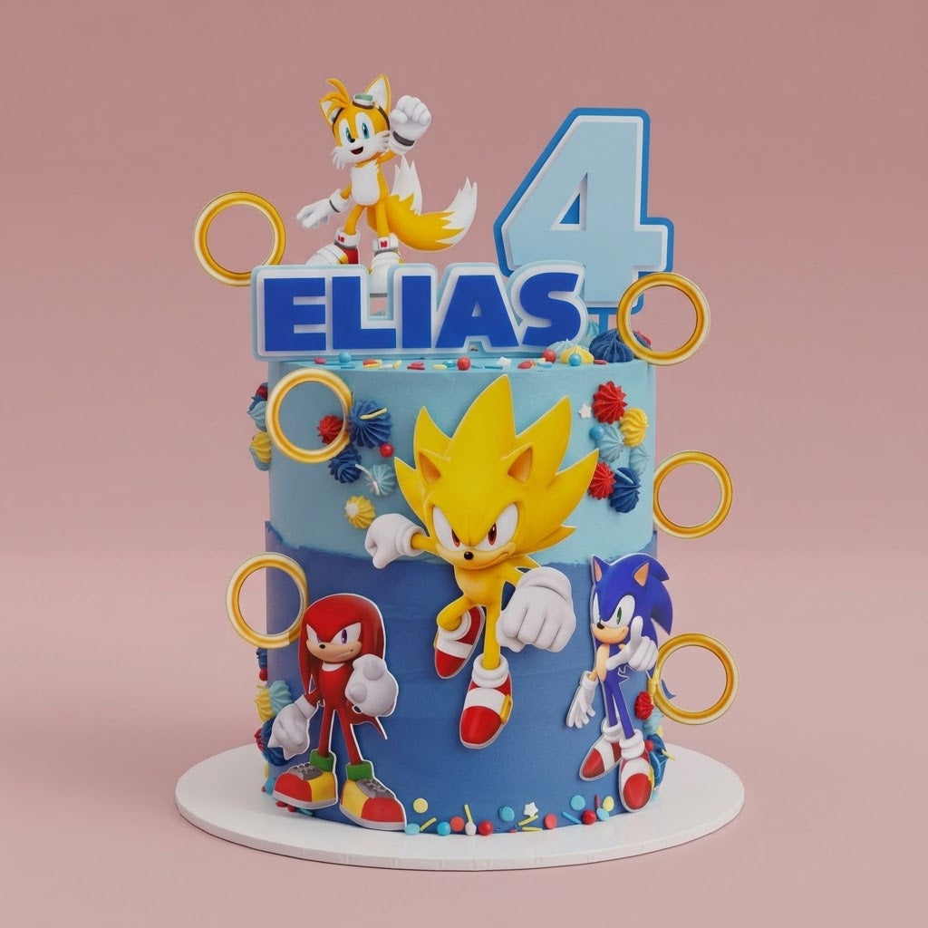 Super Sonic & Friends Themed Cake - Sonic Tails Knuckles and gold rings Brisbane