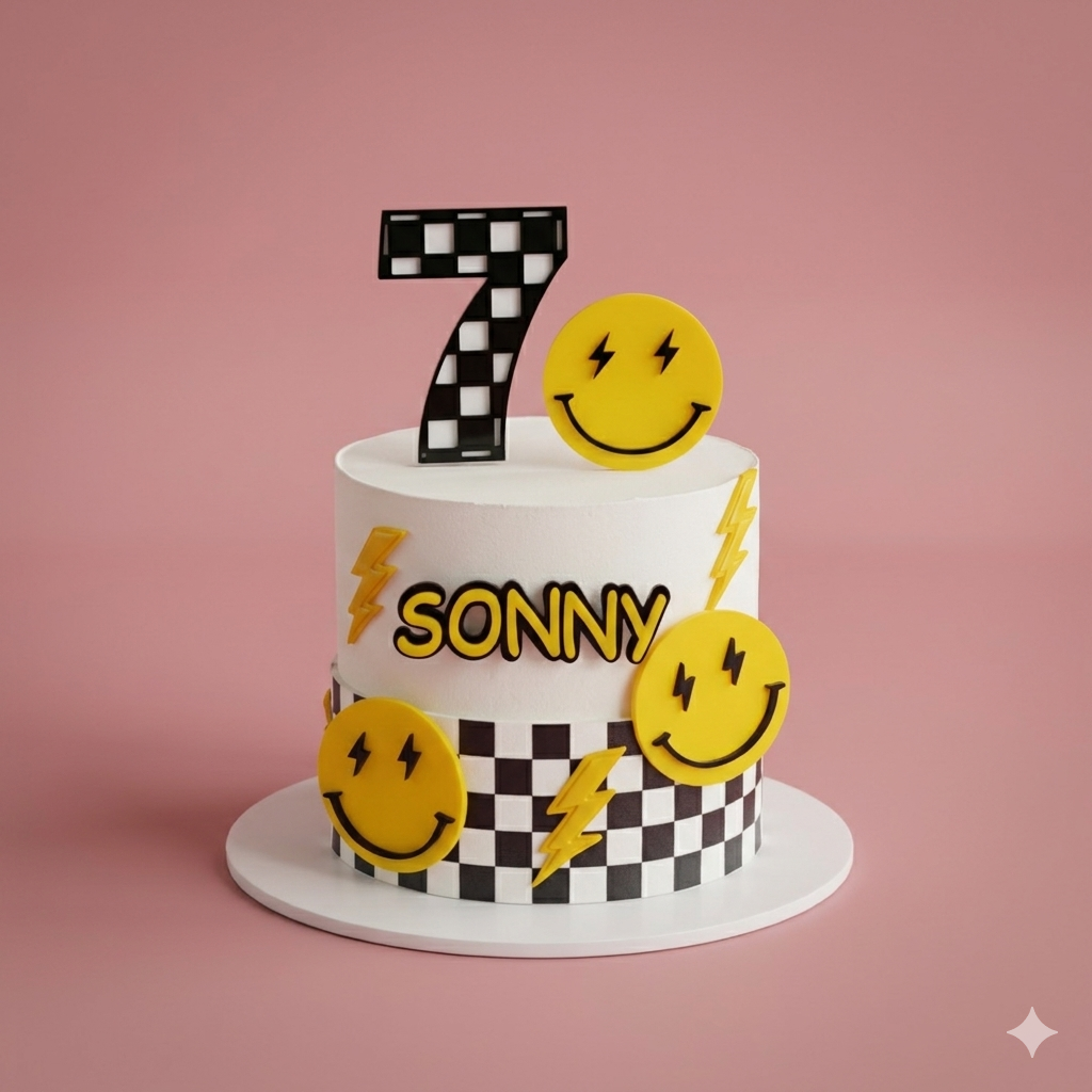 Smiley Checkerboard Themed Cake - smiley faces checkerboard kids birthday cake Brisbane