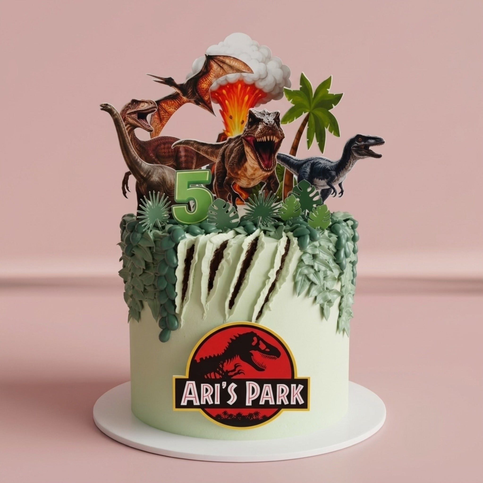 Jurassic Park Themed Cake - foliage drip volcano palms and edible-image dinosaurs Brisbane
